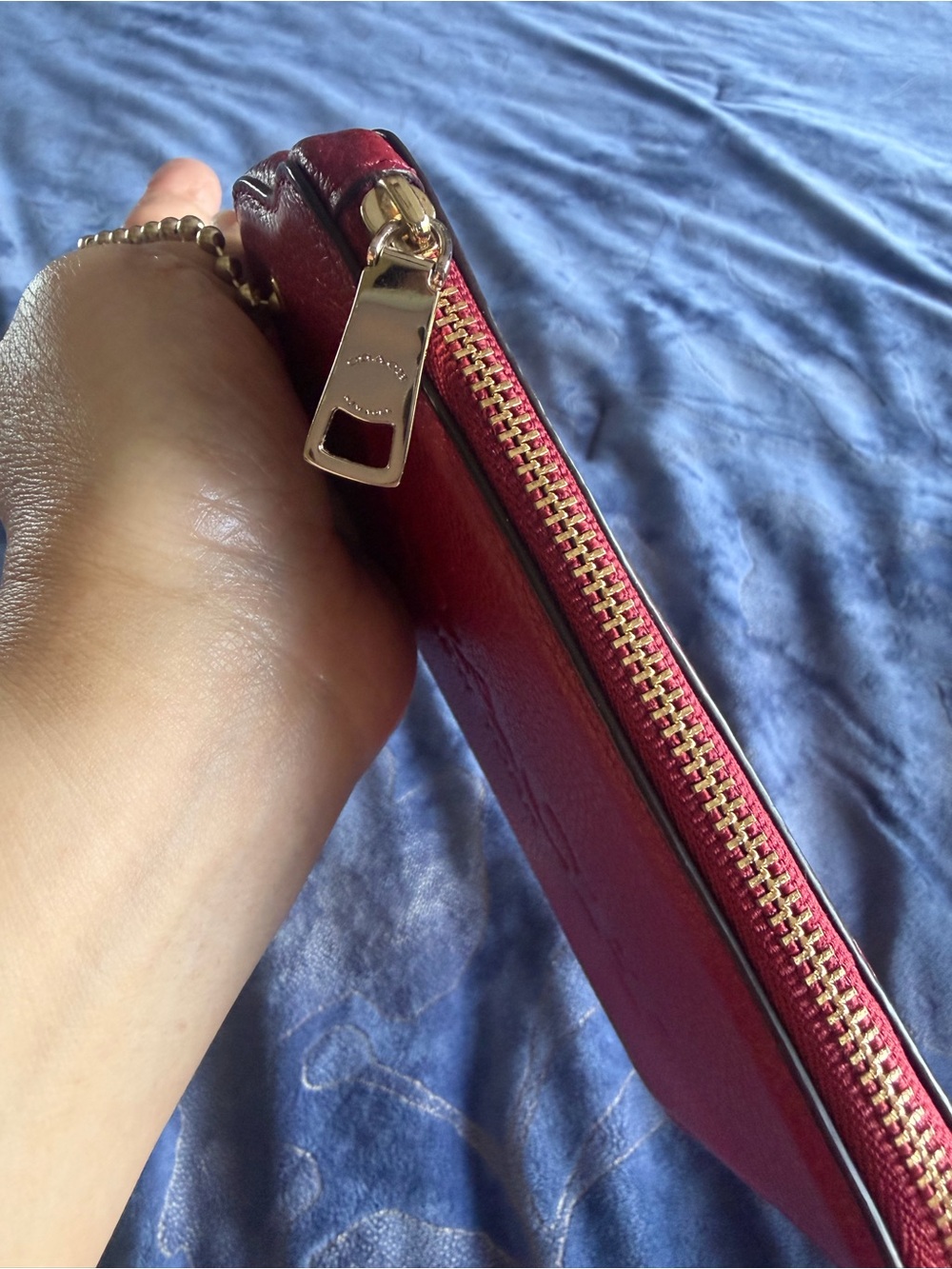 Coach Red Pebbled Leather Chain Wristlet Pouch with Gold Accents - Picture 10 of 16